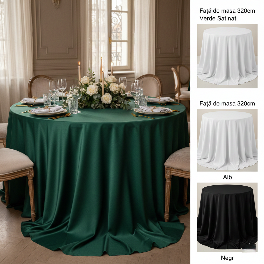Închiriere fețe de masă verzi din satin premium București, Ilfov și Prahova - Textile lux nuntă PIM MOOD Events